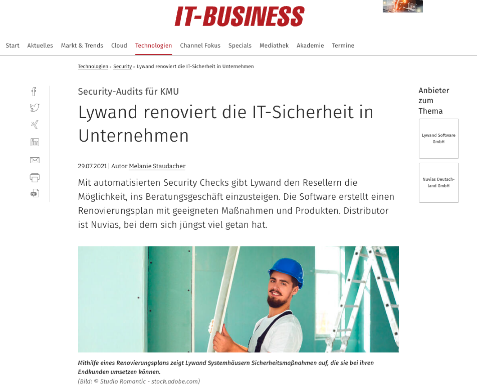 Beitrag über lywand in der IT-Business